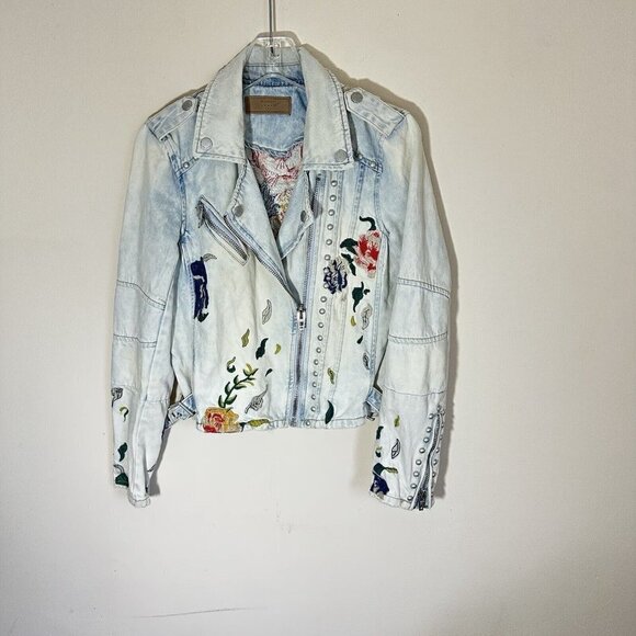 Blank NYC Women's Size Small Embroidered Studded Denim Moto Jacket Acid Wash - Picture 2 of 11